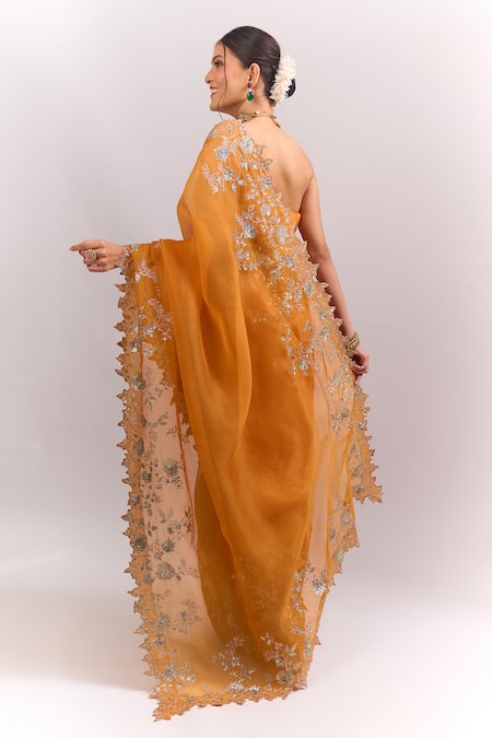 Anushree Reddy Orange Zari Cutwork Saree With Unstitched Blouse Piece 