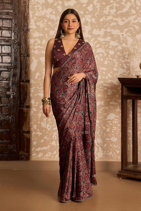 Akashi Clothing Ajrakh Print Saree With Embroidered Blouse 
