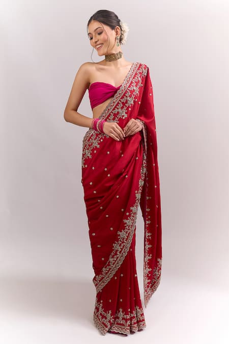Anushree Reddy Red Anika Saree With Unstitched Blouse Piece 