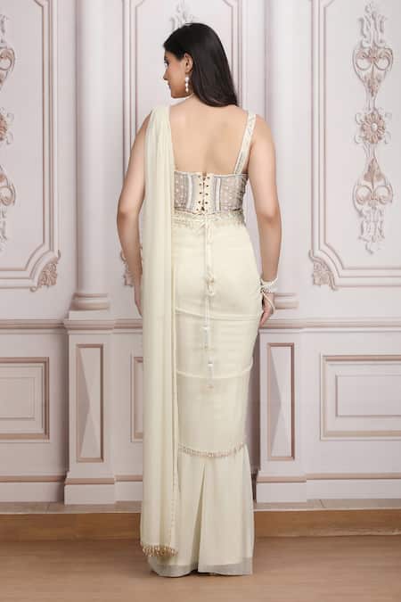Mandira Wirk Resort Embellished Corset Blouse & Pre-Draped Saree Set 