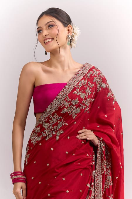 Anushree Reddy Red Ahana Saree With Unstitched Blouse Piece 