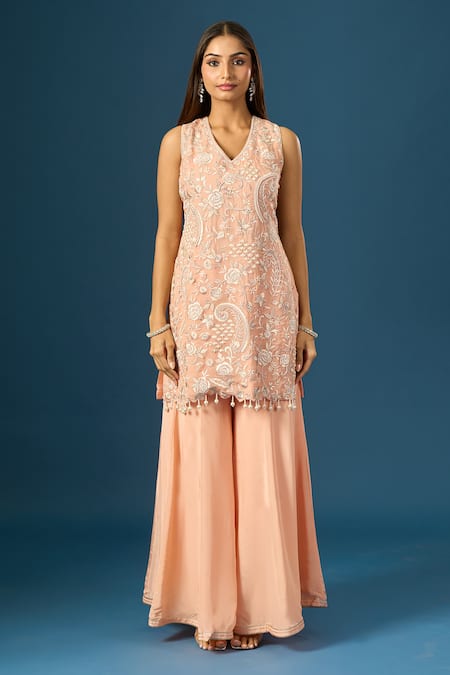 Samyukta Singhania Peach Crepe, Silk, Organza Embroidery, Tassels, Metallic Hand Kurta Sharara Set at Aza Fashions Samyukta Singhania_Peach Crepe, Silk, Organza Embroidery, Tassels, Metallic Hand Kurta Sharara Set _at_Aza_Fashions
