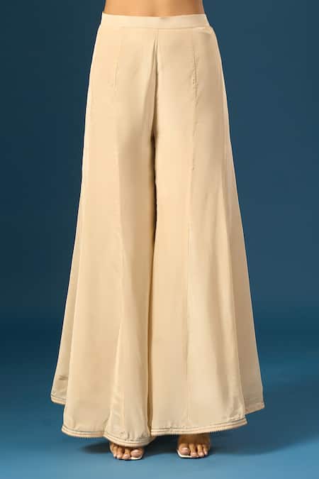 Buy_Samyukta Singhania_Beige Crepe, Silk, Organza Embroidery, Beads V-neck Hand Kurta Sharara Set 