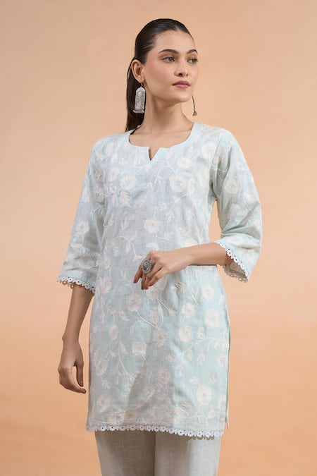 Naintara Bajaj_Sky Blue Linen Embroidery, Lace Round Neck, Split Kurta And Pant Set _Online_at_Aza_Fashions