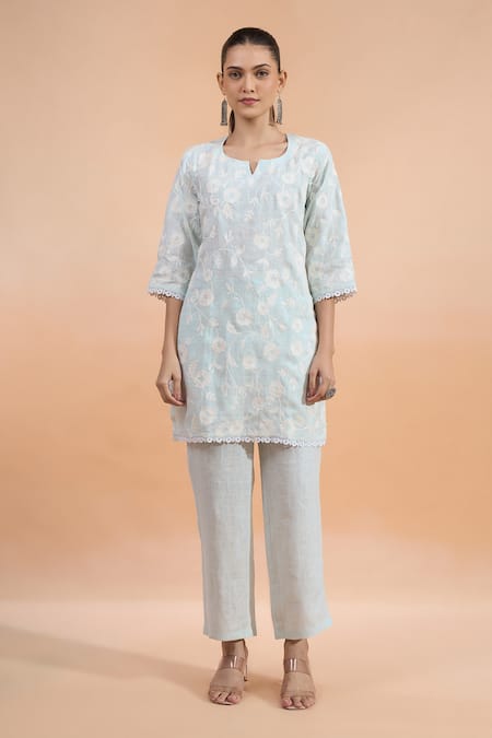 Buy_Naintara Bajaj_Sky Blue Linen Embroidery, Lace Round Neck, Split Kurta And Pant Set _Online_at_Aza_Fashions