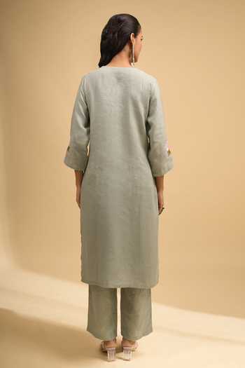 Shop Khwaab By Sanjana Lakhani Green Linen Embroidery V-neck Floral Kurta And Pant Set at Aza Fashions Shop_Khwaab By Sanjana Lakhani_Green Linen Embroidery V-neck Floral Kurta And Pant Set _at_Aza_Fashions