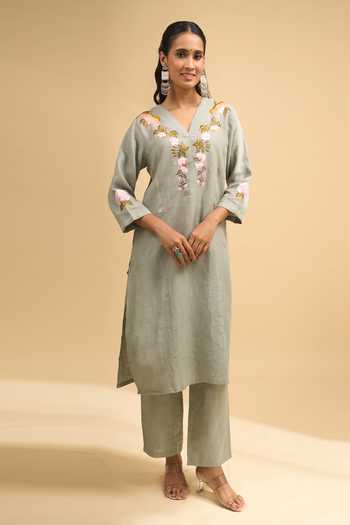Buy Khwaab By Sanjana Lakhani Green Linen Embroidery V-neck Floral Kurta And Pant Set Online at Aza Fashions Buy_Khwaab By Sanjana Lakhani_Green Linen Embroidery V-neck Floral Kurta And Pant Set _Online_at_Aza_Fashions