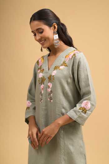 Shop Khwaab By Sanjana Lakhani Green Linen Embroidery V-neck Floral Kurta And Pant Set Online at Aza Fashions Shop_Khwaab By Sanjana Lakhani_Green Linen Embroidery V-neck Floral Kurta And Pant Set _Online_at_Aza_Fashions