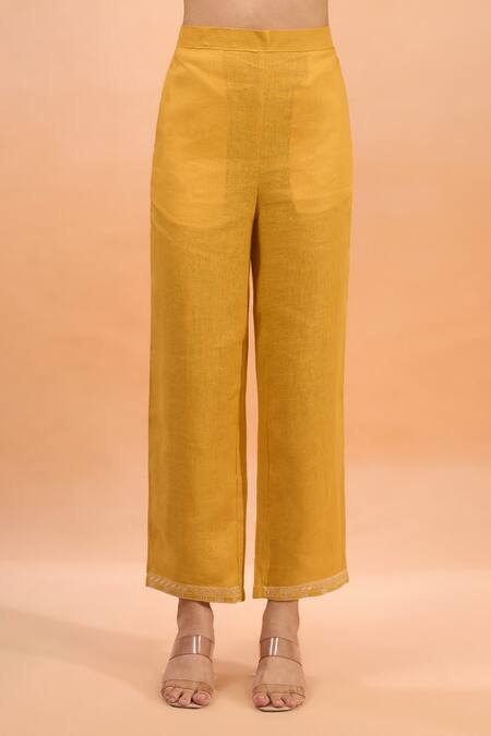 Buy_Naintara Bajaj_Mustard Linen Embroidery Split V-neck Kurta And Pant Set _Online_at_Aza_Fashions