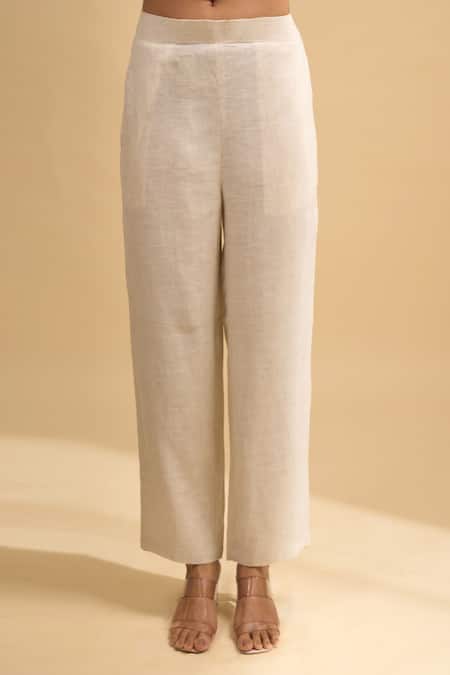 Naintara Bajaj Beige Linen Embroidery V-neck Floral Kurta And Pant Set Online at Aza Fashions Naintara Bajaj_Beige Linen Embroidery V-neck Floral Kurta And Pant Set _Online_at_Aza_Fashions