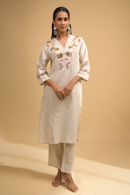 Naintara Bajaj Beige Linen Embroidery V-neck Floral Kurta And Pant Set