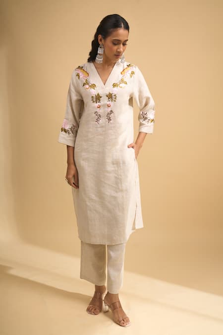 Shop Naintara Bajaj Beige Linen Embroidery V-neck Floral Kurta And Pant Set Online at Aza Fashions Shop_Naintara Bajaj_Beige Linen Embroidery V-neck Floral Kurta And Pant Set _Online_at_Aza_Fashions