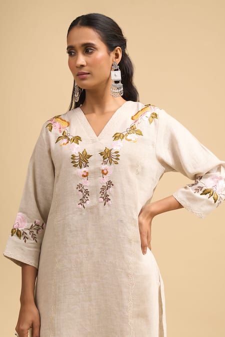 Naintara Bajaj Beige Linen Embroidery V-neck Floral Kurta And Pant Set at Aza Fashions Naintara Bajaj_Beige Linen Embroidery V-neck Floral Kurta And Pant Set _at_Aza_Fashions