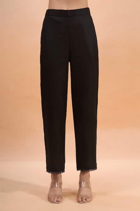 Shop_Naintara Bajaj_Black Linen Embroidery, Lace V-neck Floral Kurta And Pant Set _Online_at_Aza_Fashions