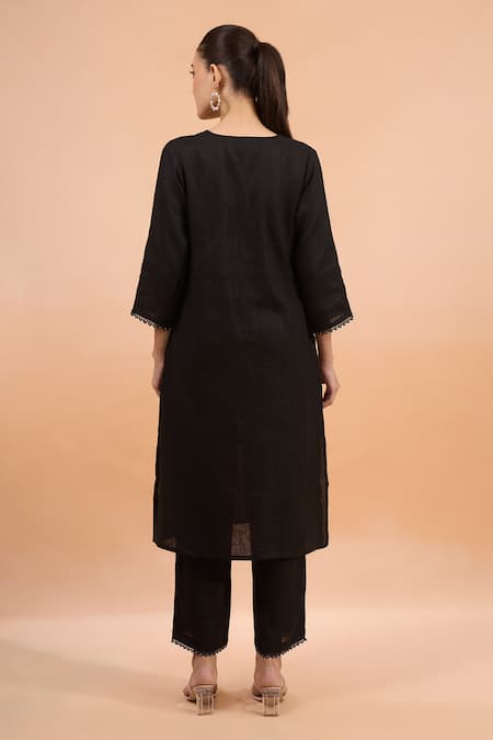 Naintara Bajaj Linen Floral Embroidered Kurta & Pant Set 