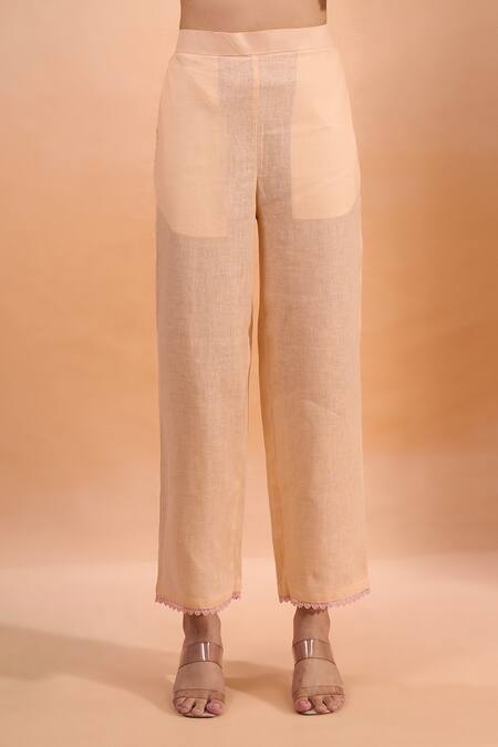 Naintara Bajaj Coral Linen Embroidery V-neck Kurta And Pant Set Online at Aza Fashions Naintara Bajaj_Coral Linen Embroidery V-neck Kurta And Pant Set _Online_at_Aza_Fashions