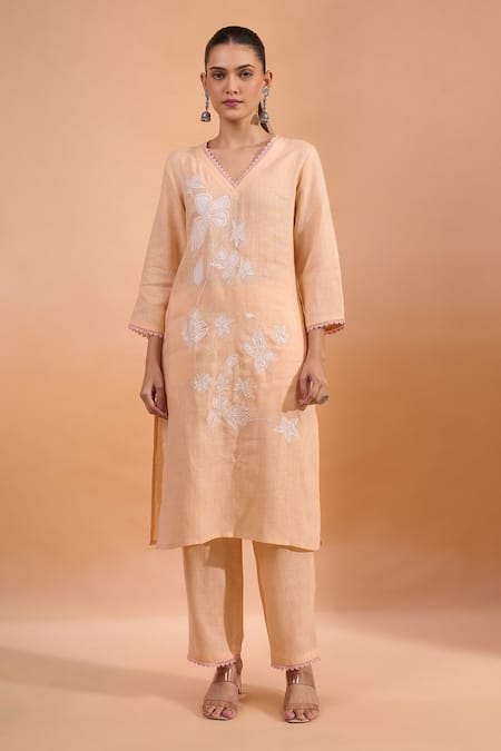 Buy Naintara Bajaj Coral Linen Embroidery V-neck Kurta And Pant Set Online at Aza Fashions Buy_Naintara Bajaj_Coral Linen Embroidery V-neck Kurta And Pant Set _Online_at_Aza_Fashions
