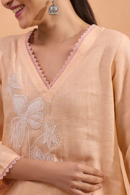 Shop Naintara Bajaj Coral Linen Embroidery V-neck Kurta And Pant Set Online at Aza Fashions Shop_Naintara Bajaj_Coral Linen Embroidery V-neck Kurta And Pant Set _Online_at_Aza_Fashions