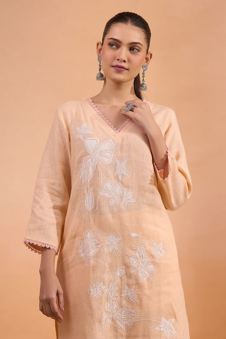 Naintara Bajaj Coral Linen Embroidery V-neck Kurta And Pant Set at Aza Fashions Naintara Bajaj_Coral Linen Embroidery V-neck Kurta And Pant Set _at_Aza_Fashions