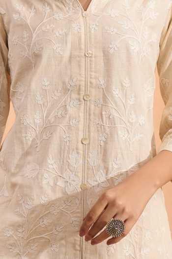 Buy Khwaab By Sanjana Lakhani Cream Linen Embroidery Split V-neck Kurta And Pant Set Online at Aza Fashions Buy_Khwaab By Sanjana Lakhani_Cream Linen Embroidery Split V-neck Kurta And Pant Set _Online_at_Aza_Fashions