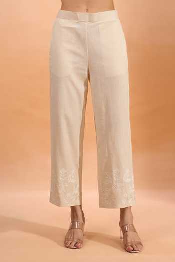 Shop Khwaab By Sanjana Lakhani Cream Linen Embroidery Split V-neck Kurta And Pant Set Online at Aza Fashions Shop_Khwaab By Sanjana Lakhani_Cream Linen Embroidery Split V-neck Kurta And Pant Set _Online_at_Aza_Fashions