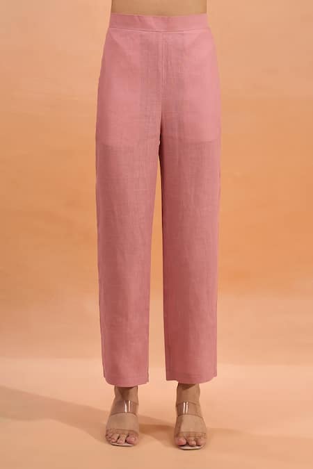 Shop_Naintara Bajaj_Pink Linen Embroidery V-neck Floral Kurta And Pant Set _Online_at_Aza_Fashions