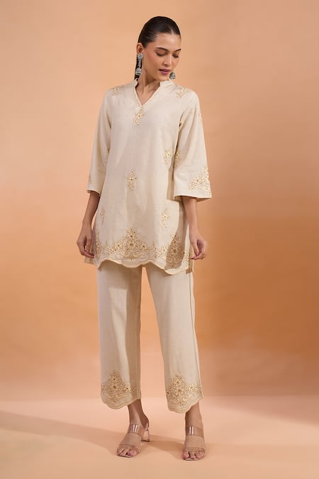 Naintara Bajaj Beige Linen Embroidery Split V-neck, Mandarin Collar Kurta And Pant Set