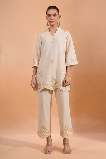 Buy Naintara Bajaj Beige Linen Embroidery Split V-neck, Mandarin Collar Kurta And Pant Set Online at Aza Fashions Buy_Naintara Bajaj_Beige Linen Embroidery Split V-neck, Mandarin Collar Kurta And Pant Set _Online_at_Aza_Fashions