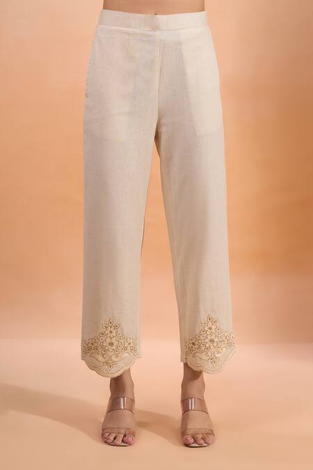 Naintara Bajaj Beige Linen Embroidery Split V-neck, Mandarin Collar Kurta And Pant Set at Aza Fashions Naintara Bajaj_Beige Linen Embroidery Split V-neck, Mandarin Collar Kurta And Pant Set _at_Aza_Fashions