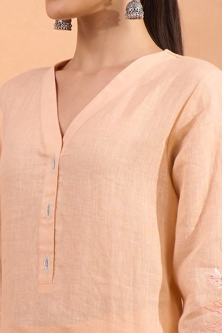 Shop_Naintara Bajaj_Coral Linen Embroidery, Cut Work V-neck Scalloped Hem Kurta And Pant Set _Online_at_Aza_Fashions