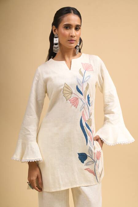 Naintara Bajaj Cream Linen Embroidery Split V-neck Floral Kurta And Pant Set Online at Aza Fashions Naintara Bajaj_Cream Linen Embroidery Split V-neck Floral Kurta And Pant Set _Online_at_Aza_Fashions