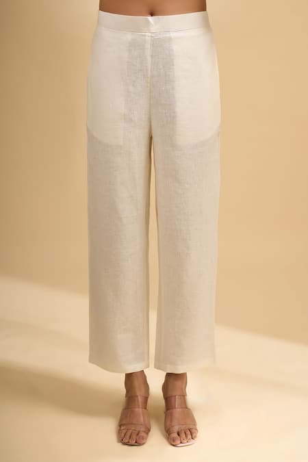 Buy Naintara Bajaj Cream Linen Embroidery Split V-neck Floral Kurta And Pant Set Online at Aza Fashions Buy_Naintara Bajaj_Cream Linen Embroidery Split V-neck Floral Kurta And Pant Set _Online_at_Aza_Fashions