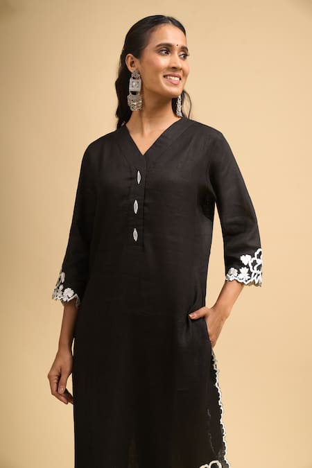 Shop_Naintara Bajaj_Black Linen Embroidery Split V-neck Scallop Kurta And Pant Set _Online_at_Aza_Fashions