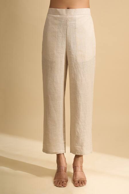 Shop_Naintara Bajaj_Beige Linen Embroidery Collared, Open Neck Kurta And Pant Set _Online_at_Aza_Fashions