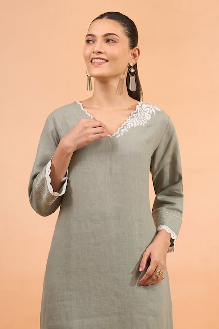 Naintara Bajaj Gray Linen Embroidery, Lace V-neck Kurta And Pant Set Online at Aza Fashions Naintara Bajaj_Gray Linen Embroidery, Lace V-neck Kurta And Pant Set _Online_at_Aza_Fashions