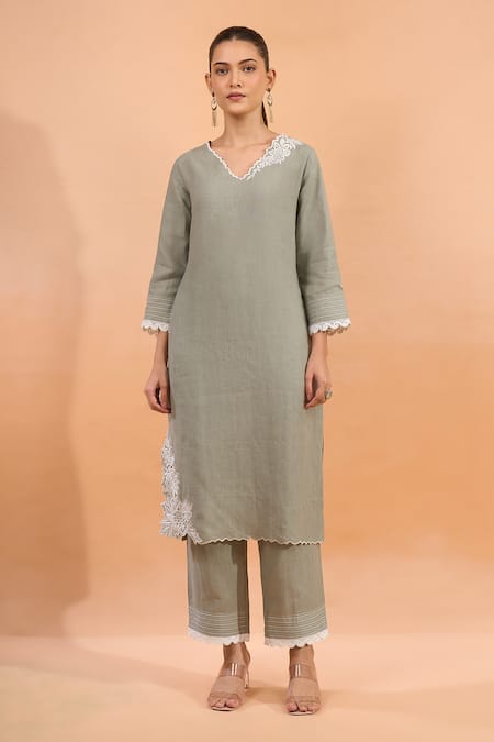 Buy Naintara Bajaj Gray Linen Embroidery, Lace V-neck Kurta And Pant Set Online at Aza Fashions Buy_Naintara Bajaj_Gray Linen Embroidery, Lace V-neck Kurta And Pant Set _Online_at_Aza_Fashions