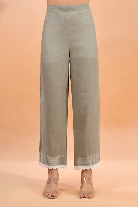 Shop Naintara Bajaj Gray Linen Embroidery, Lace V-neck Kurta And Pant Set Online at Aza Fashions Shop_Naintara Bajaj_Gray Linen Embroidery, Lace V-neck Kurta And Pant Set _Online_at_Aza_Fashions