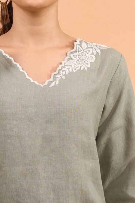 Naintara Bajaj Gray Linen Embroidery, Lace V-neck Kurta And Pant Set at Aza Fashions Naintara Bajaj_Gray Linen Embroidery, Lace V-neck Kurta And Pant Set _at_Aza_Fashions