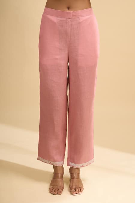 Shop_Naintara Bajaj_Pink Linen Embroidery Round , Keyhole Kurta And Pant Set _Online_at_Aza_Fashions