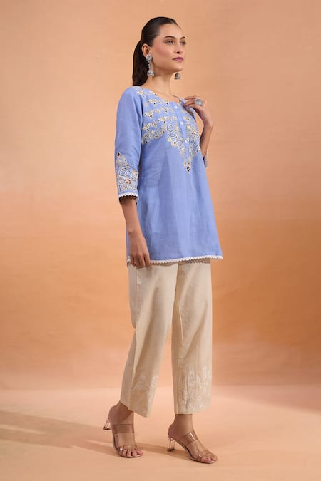 Buy_Naintara Bajaj_Sky Blue Embroidery Round Neck Kurta _Online_at_Aza_Fashions