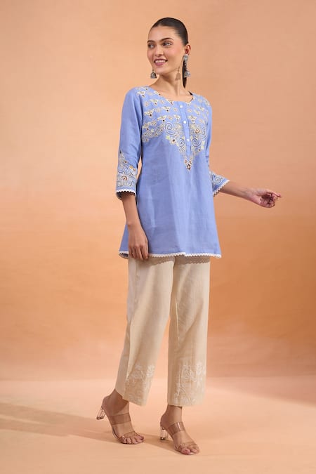 Shop_Naintara Bajaj_Sky Blue Embroidery Round Neck Kurta _Online_at_Aza_Fashions