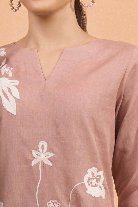 Buy Naintara Bajaj Pink Cotton, Linen Embroidery V-neck Floral Kurta And Pant Set Online at Aza Fashions Buy_Naintara Bajaj_Pink Cotton, Linen Embroidery V-neck Floral Kurta And Pant Set _Online_at_Aza_Fashions