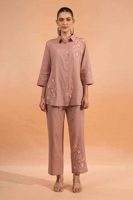 Naintara Bajaj_Pink Cotton, Linen Embroidery Collared, Button-down Neck Kurta And Pant Set _Online_at_Aza_Fashions