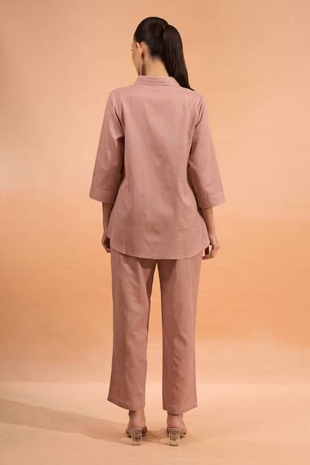 Shop_Naintara Bajaj_Pink Cotton, Linen Embroidery Collared, Button-down Neck Kurta And Pant Set _at_Aza_Fashions