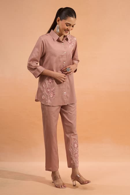 Buy_Naintara Bajaj_Pink Cotton, Linen Embroidery Collared, Button-down Neck Kurta And Pant Set _Online_at_Aza_Fashions