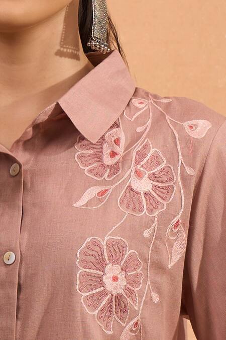 Shop_Naintara Bajaj_Pink Cotton, Linen Embroidery Collared, Button-down Neck Kurta And Pant Set _Online_at_Aza_Fashions
