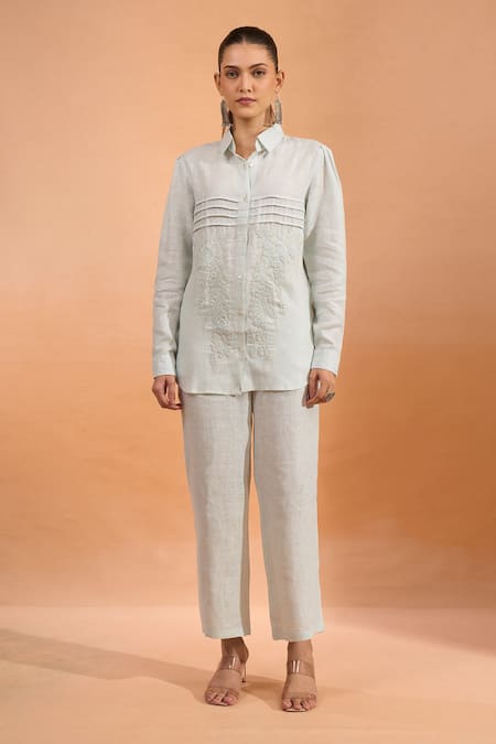 Buy_Naintara Bajaj_Sky Blue Embroidery Collared, Button-down Neck Pin Tucked Kurta _Online_at_Aza_Fashions