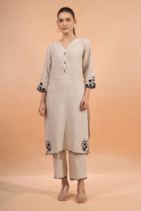 Naintara Bajaj_Beige Linen Embroidery V-neck Kurta And Pant Set _Online_at_Aza_Fashions