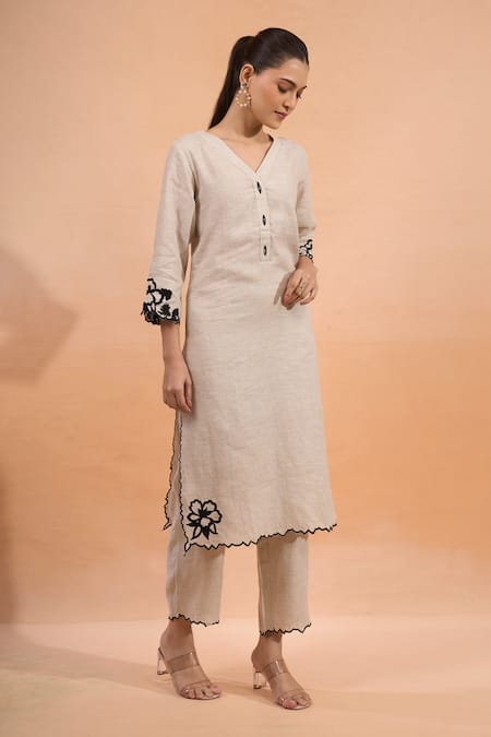 Buy_Naintara Bajaj_Beige Linen Embroidery V-neck Kurta And Pant Set _Online_at_Aza_Fashions