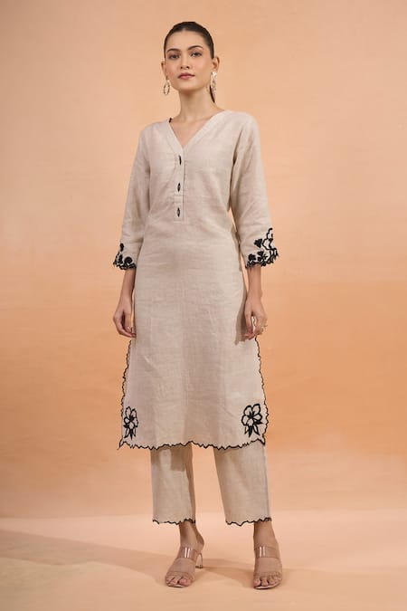 Naintara Bajaj Beige Linen Embroidery V-neck Kurta And Pant Set